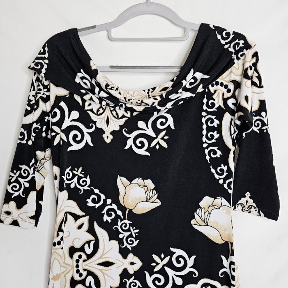 WHITE HOUSE BLACK MARKET Dress size XS BLACK TAN WHITE FLORAL Art to Wear Retro - Picture 7 of 7